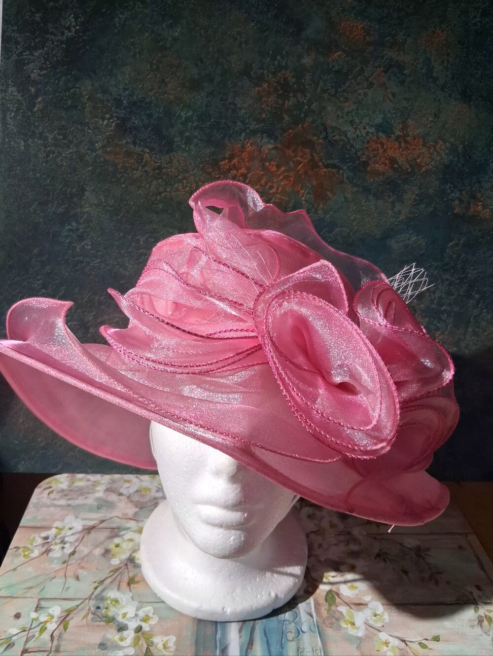 Girls Pink Organza Floral Wide-Brim Hat With Strap